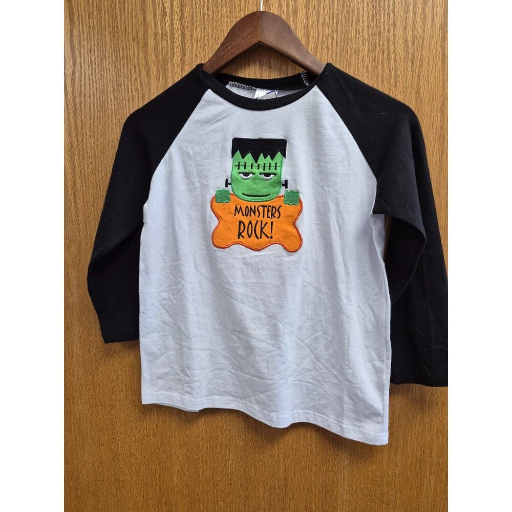 Kids Raglan Sleeve Tee With Embroidered "Monsters Rock!" Design  - Black & White